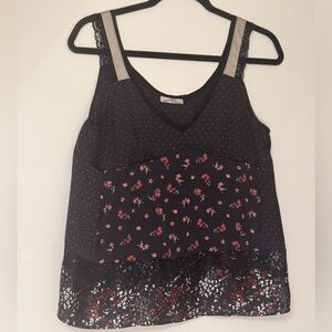 ZARA Black Floral Lace-Trim Sleeveless Tank Top